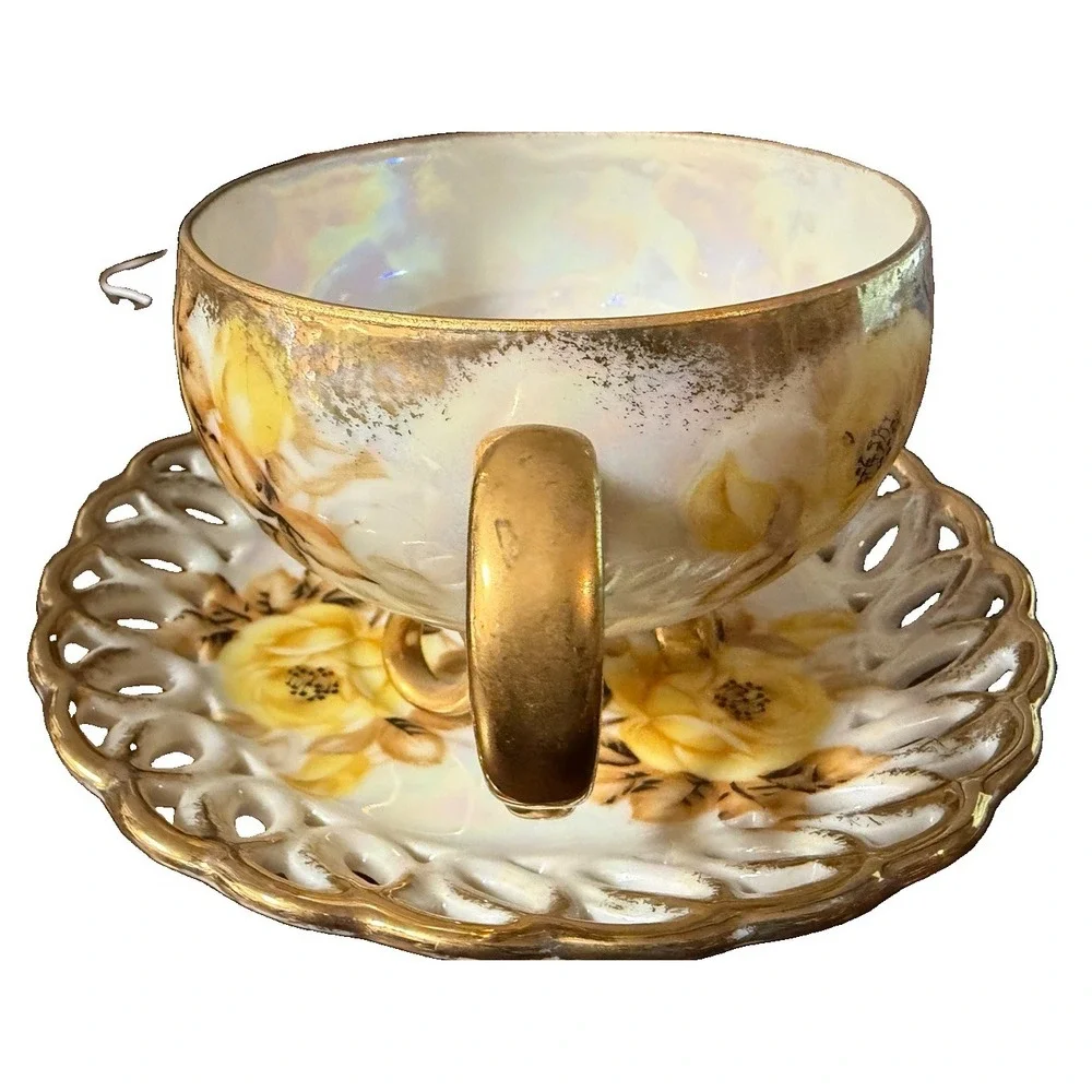 Vintage Royal Sealy China Japan Footed Teacup Saucer Yellow Roses Gold Luster